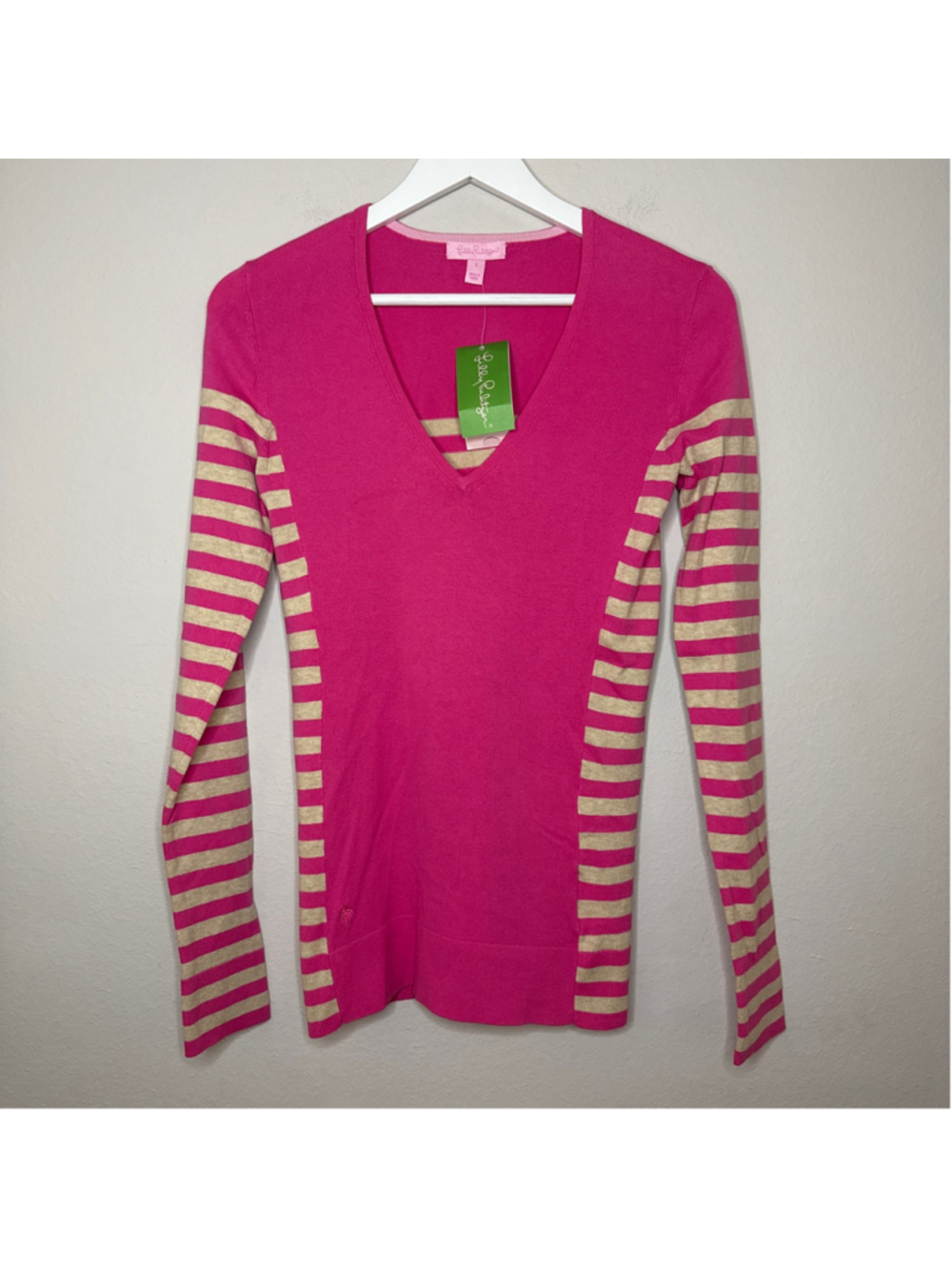Women's Lilly Pulitzer Striped V-Neck Sweater Pink Beige Size S - [L1187]